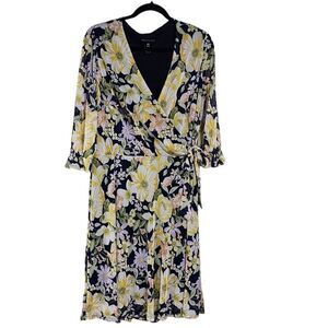 Stella & Julie navy & yellow floral chiffon 3/4 sleeve midi dress 16W
